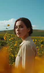 the woman is posing for a photo near the sunflowers