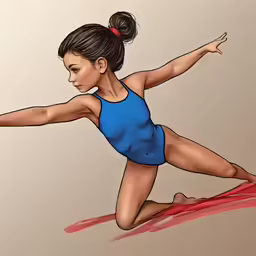 a cartoon girl in a blue leotard doing exercises on a red mat
