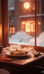 a breakfast is on a plate next to the window