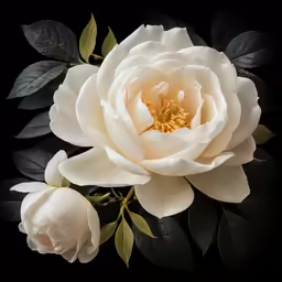 white rose with green leaves on black background