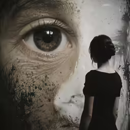 a woman in front of a poster of her eye