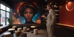 a man that is standing up in front of a large picture