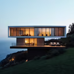 modern home overlooking the ocean and dusk sky