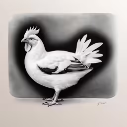 black and white chicken with a red crest on the feathers