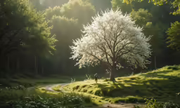 a large white tree sitting on top of a lush green hillside