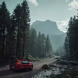 a red car is on a dirt road