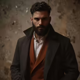 a man standing in front of a wall in an orange jacket