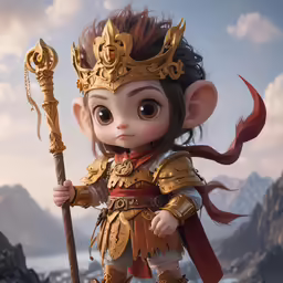 a digital painting of a little elf doll wearing a golden armor