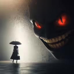 a person holding an umbrella in the rain in front of a demon
