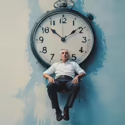 a man sits on the floor in front of a clock