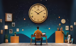 a man sits at a desk as he looks at the clock