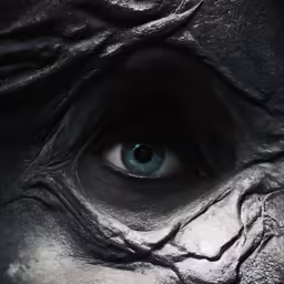 a close up of the face and eye of an adult scary looking person