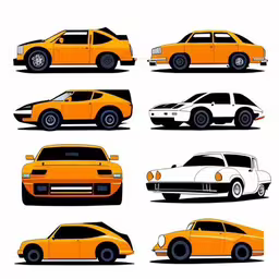a set of stylized yellow cars on a white background,four different types of cars are shown in this image