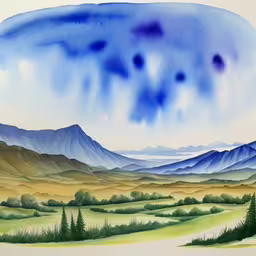a landscape painted in different blue hues with trees and hills,a painting with mountains and green grass is in blue