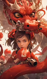 the illustration features an image of a woman with an orange dragon head on her head