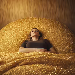 a woman laying on a golden bedspread in a bed room
