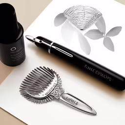 a comb, black ink pen and the contents for the roller