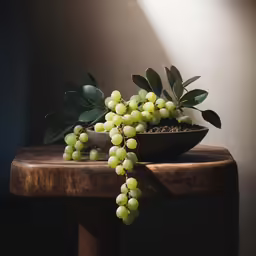 a branch with fruits, possibly grapes and other plants on a table