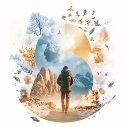 a person looking up at a mountain with birds flying