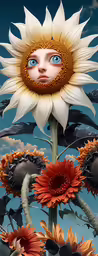 a sunflower with its face is in the sky