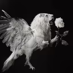 an artistic image of a dog holding a rose in its mouth