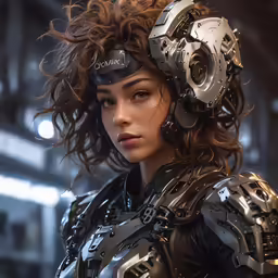a woman in an industrial suit with metal parts