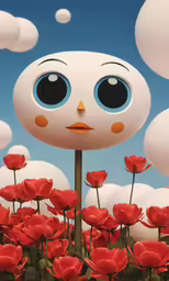a big white bird standing next to lots of flowers