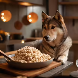dog eating from a bowl and looking at the camera