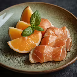 food sitting on top of a plate covered in fruit