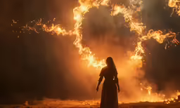 a dark and fiery scene with a woman staring towards a ring of fire