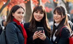 three beautiful young ladies standing next to each other with a cell phone
