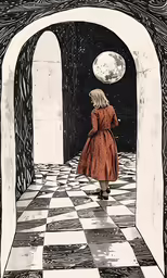 a drawing of a person walking towards the moon in the distance