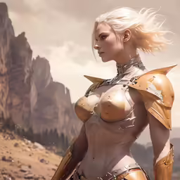 a white woman with long hair is dressed up in armor and holding a sword