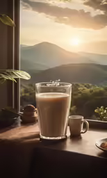 coffee cup with milk on the table next to windows