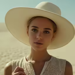 a woman wearing a white hat in the desert