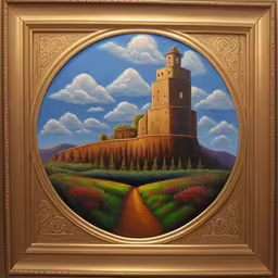 there is a painting of an oil painting,a painting of a large building and a road