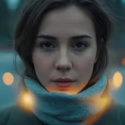 a woman standing with a scarf over her shoulder