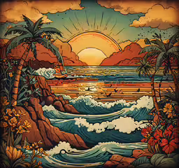 a mural of a sunset over a body of water with palm trees and flowers,an artistic painting showing waves crashing over rocks
