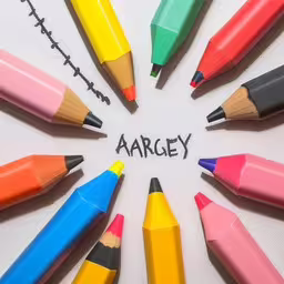 many colorful pencils arranged in a circle,a circle of colored pencils with the word argey written on top,colored pencils with the word argey arranged in a circle,colorful pencils with the word anger written on them,a circle of crayons arranged in the shape of a seven pointed graph with words argey