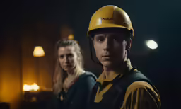 the yellow helmet is an accessory for this man and woman