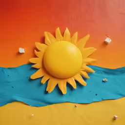 a plastic yellow and blue sun sitting on a multicolored surface