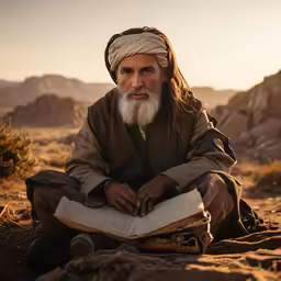 a man wearing a robe, seated in the desert