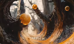 a man with an orange ball flying over a forest