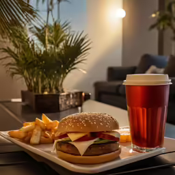 a tray with a hamburger, fries and drink