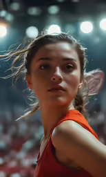 a girl in an orange tank top with some hair blowing around
