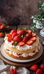 there is a large cake with cream and strawberries on top
