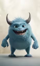 a happy blue troll with horns is smiling