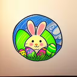 a painted rabbit with eggs in grass,an image of a painting on the wall of a room