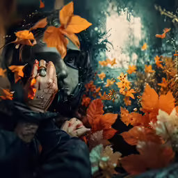 a woman looking through a pair of hands at leaves
