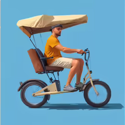 the man in a yellow shirt is riding a bicycle with a sail